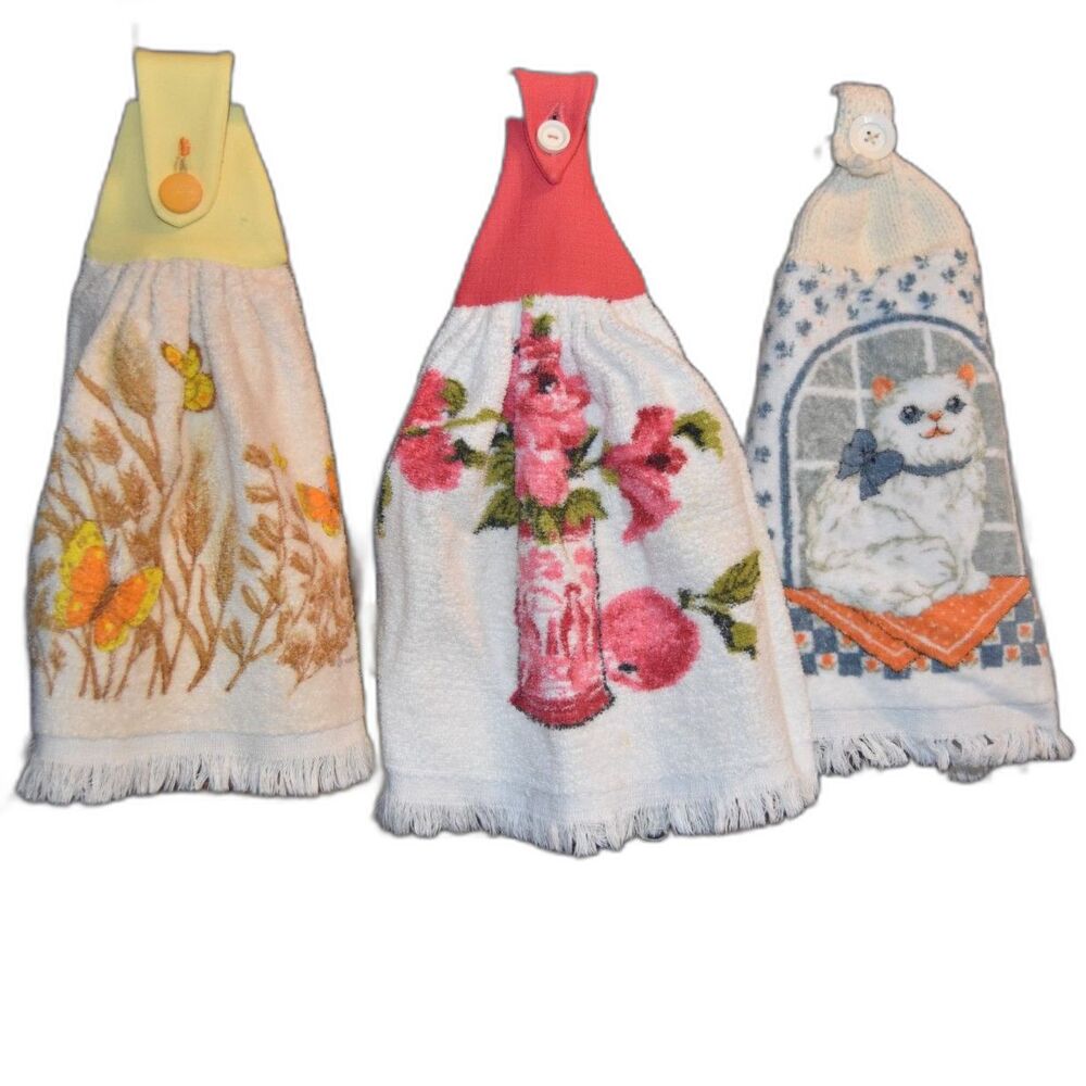 Vintage Hanging Kitchen Towels Set of 3 Cat Floral Butterfly Handmade